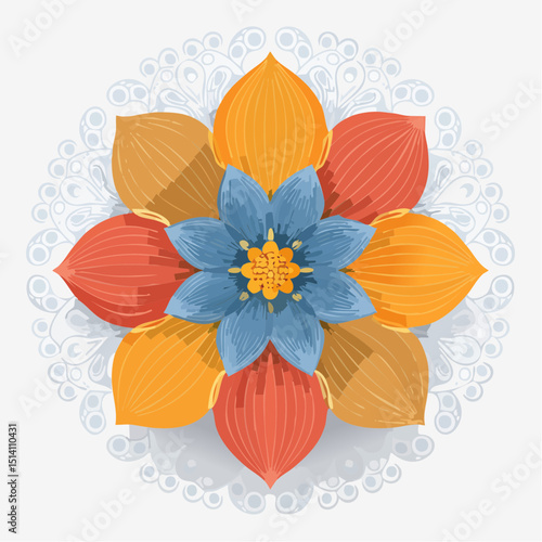 Decorative Handdrawn Floral Mandala with Petal Arrangement Graphic Design Element