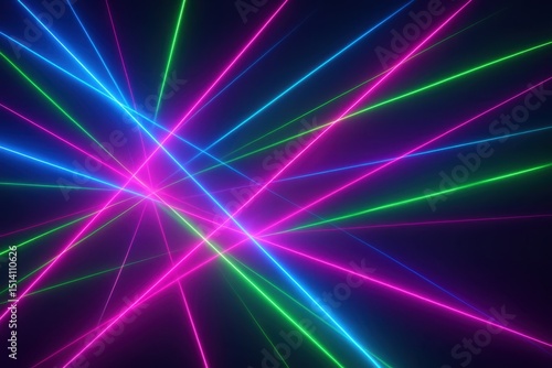 Vibrant abstract background featuring a dynamic explosion of intersecting neon laser rays in electric blue hot pink and vivid green creating a futuristic high-energy light show effect AI generated