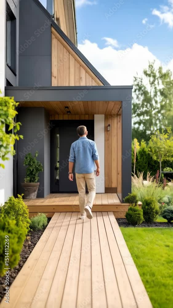 custom made wallpaper toronto digitalMan walks toward modern house with timber porch, black door, and manicured garden on a sunny day, showcasing contemporary architecture.