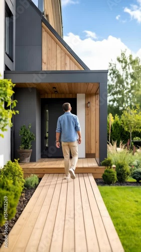Wallpaper Mural Man walks toward modern house with timber porch, black door, and manicured garden on a sunny day, showcasing contemporary architecture. Torontodigital.ca
