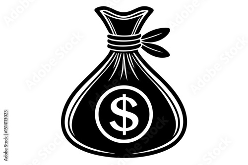 Black and white illustration of a money bag with dollar sign