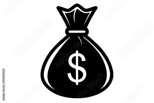 Black and white illustration of a money bag with dollar sign
