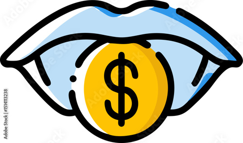Mouth licking a gold dollar coin money icon