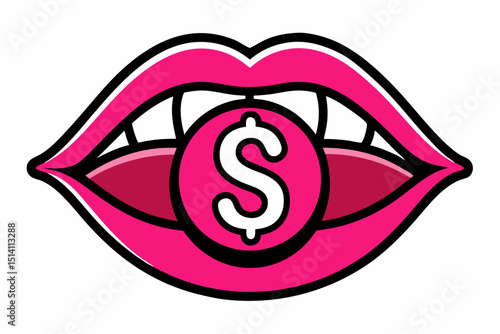 Pink lips biting a dollar sign candy pop art style
