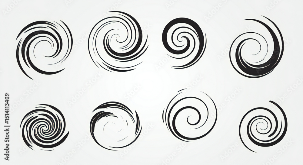 Collection of Swirling Spiral Elements in Black and White Collection of Swirling Spiral Elements in Black and White