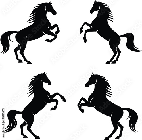 Four rearing horse silhouettes on a white background in a square format