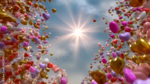 Floating Colorful Hearts Against Bright Sky