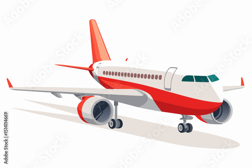 Red and white airplane on the ground ready for takeoff
