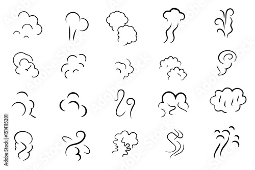 Warm steam, smoke or vapor rise comic symbol set. A warm and cozy element. Smoking and steaming silhouettes