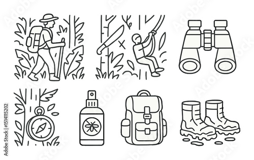 Rainforest adventure line icons set – outline, exploration and nature expedition symbols
