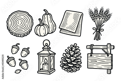 Rustic decor outline icons set – simple, cozy and country living symbols