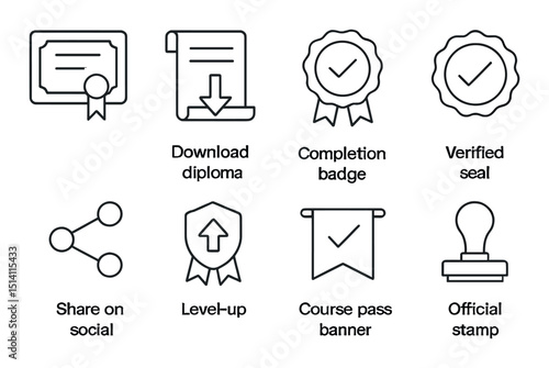 Certification silhouette icons set – badges, diploma and seal symbols for achievement