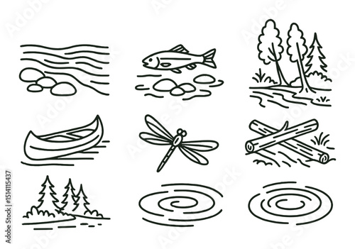 River and forest line icons set – nature, wildlife and outdoor elements collection