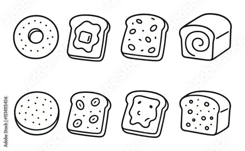 Breakfast and bakery silhouette icons set – outline, bread and pastry symbols