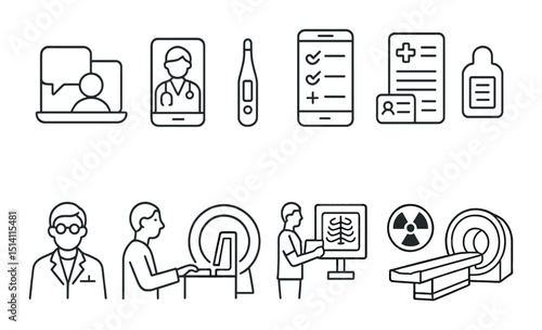 Telehealth and radiology line icons set – healthcare, medical and remote consultation symbols