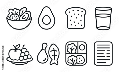 Balanced nutrition silhouette icons set – health, diet and food planning symbols