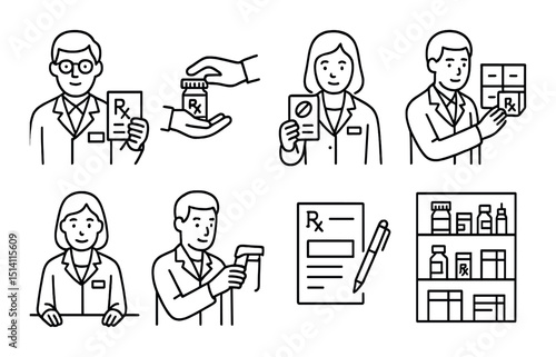 Pharmacy team outline icons set – healthcare, medical and drugstore symbols