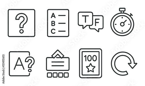 Quiz and test outline icons set – assessment, exam, education symbols