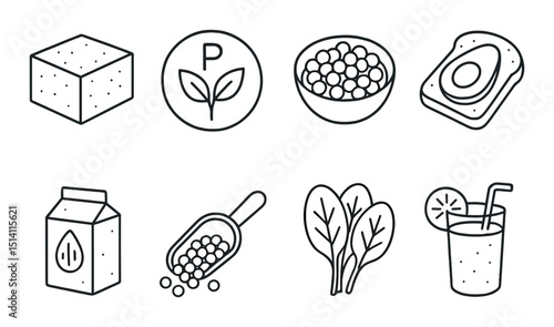 Vegan diet essentials outline icons set – food, plant-based and nutrition symbols