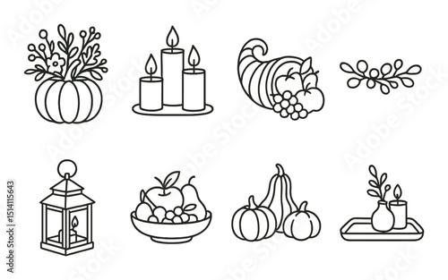 Festive centerpiece icons set – outline, holiday decor, and celebration symbols