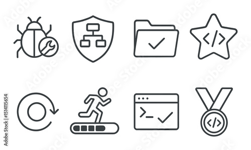 Coding achievements linear icons set – outline, programming and development symbols