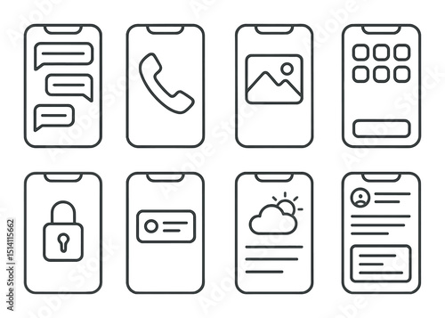 Smartphone outline icons set – minimalist, mobile interface and app design symbols