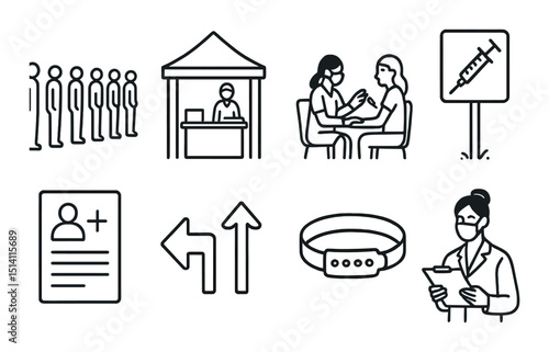 Vaccination site outline icons set – simple, healthcare, medical symbols for clinics