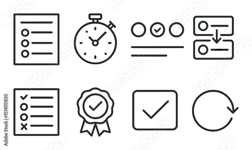 Assessment tools icons set – outline, simple evaluation and measurement symbols