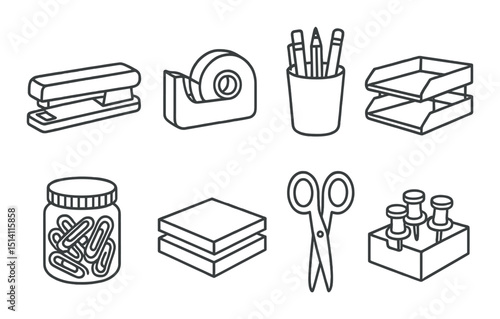 Office supplies outline icons set – linear, workplace and stationery symbols