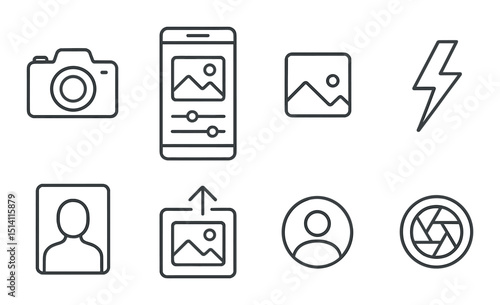 Smartphone photography outline icons set – camera, editing and image capture symbols