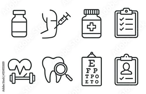 Preventive care outline icons set – health, medical checkup symbols for wellness
