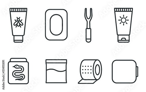 Outdoor first aid essentials icons set – outline, medical and emergency symbols