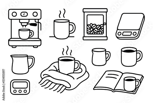 Home coffee essentials outline icons set – brewing, beverage, and cafe symbols