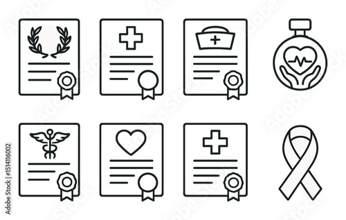 Medical certification silhouette icons set – health, badge and qualification symbols