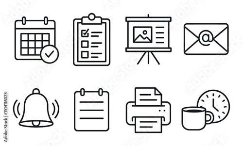 Meeting preparation outline icons set – agenda, checklist, communication symbols