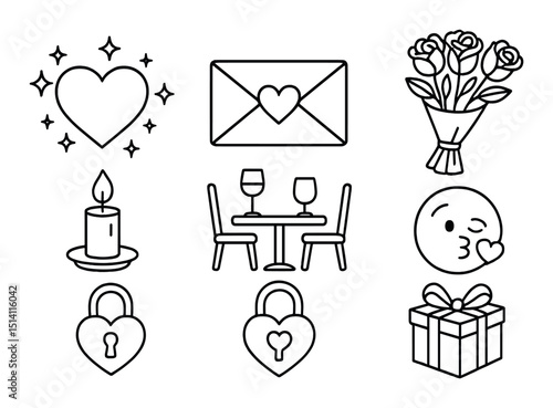Romantic outline icons set – love, dating and affection themed symbols