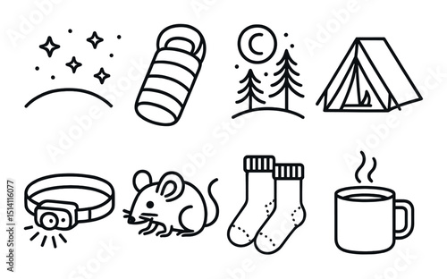 Camping and outdoor line icons set – silhouette, wilderness and nature adventure graphics