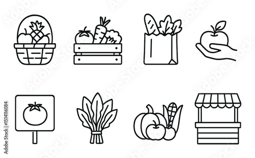 Farmers market outline icons set – simple, fresh produce and organic symbols