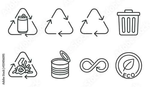 Metal recycling outline icons set – waste management, sustainability symbols