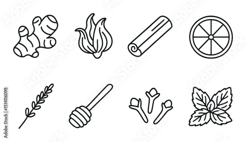 Tea ingredients outline icons set – herbal, spice and natural elements