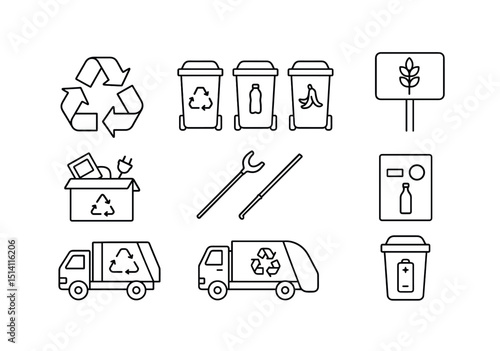 Recycling and waste management outline icons set – eco-friendly, sustainability symbols