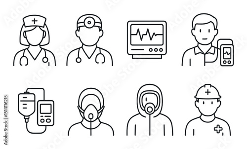 Icu medical line icons set – outline, healthcare and hospital equipment symbols