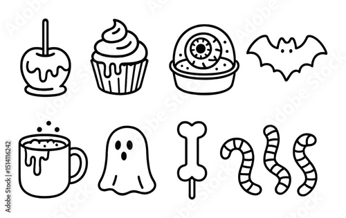 Spooky halloween treats icon set – silhouette candy, dessert and ghostly designs