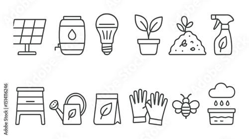 Eco friendly home icons set – outline, sustainable living and green energy symbols