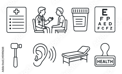 Pre employment check outline icons set – health, medical and screening symbols