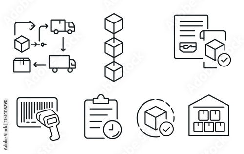 Blockchain and supply chain linear icons set – outline, logistics, and technology symbols