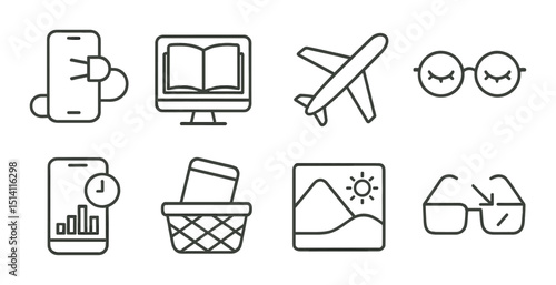 Digital detox linear icons set – outline, minimalistic and mindfulness symbols