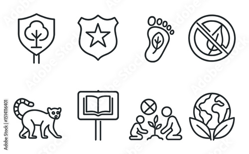 Rainforest conservation outline icons set – ecology, environment, sustainable symbols