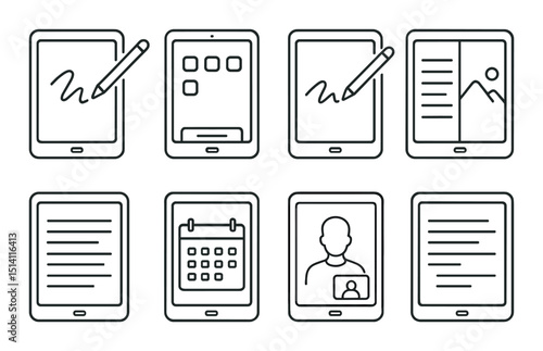 Tablet interface outline icons set – digital, device and touchscreen ui graphics