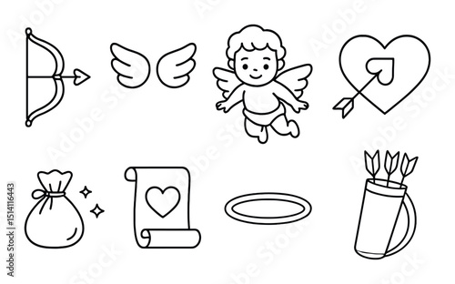 Cupid's toolkit icons set – outline, love, valentine's day symbols for romance